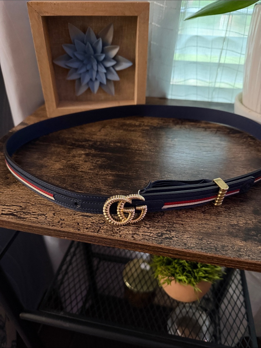 Gucci Navy Leather Belt with Gold Double G Buckle and Red-White Trim